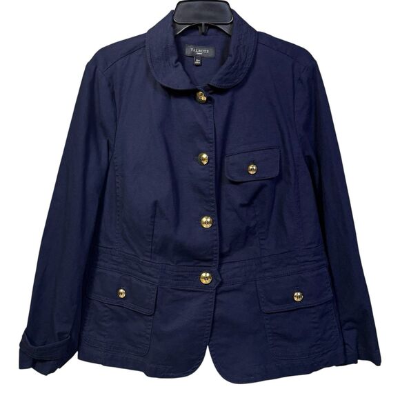 Talbots Utility Military Jacket Coat 16W Blue Canvas Gold Buttons Preppy Capsule - Picture 1 of 7